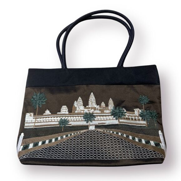 Elegant Embroidered Black Tote Bag with Unique Buildings and Trees Fairycore - Picture 1 of 4